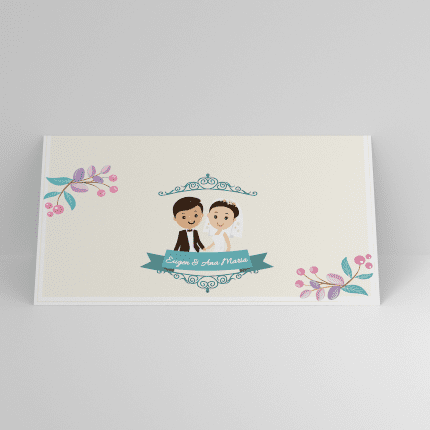 Plic de bani nunta cartoon cu mire si mireasa si flori pastel personalizat