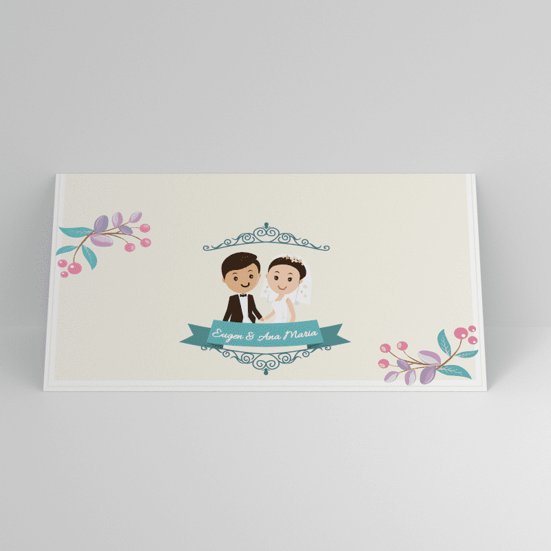 Plic de bani nunta cartoon cu mire si mireasa si flori pastel personalizat