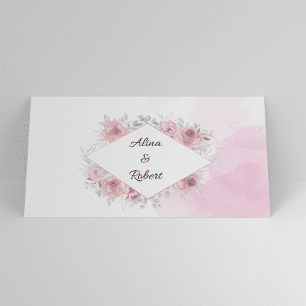 Plic de bani nunta floral roz pudrat cu flori si cadru geometric personalizat